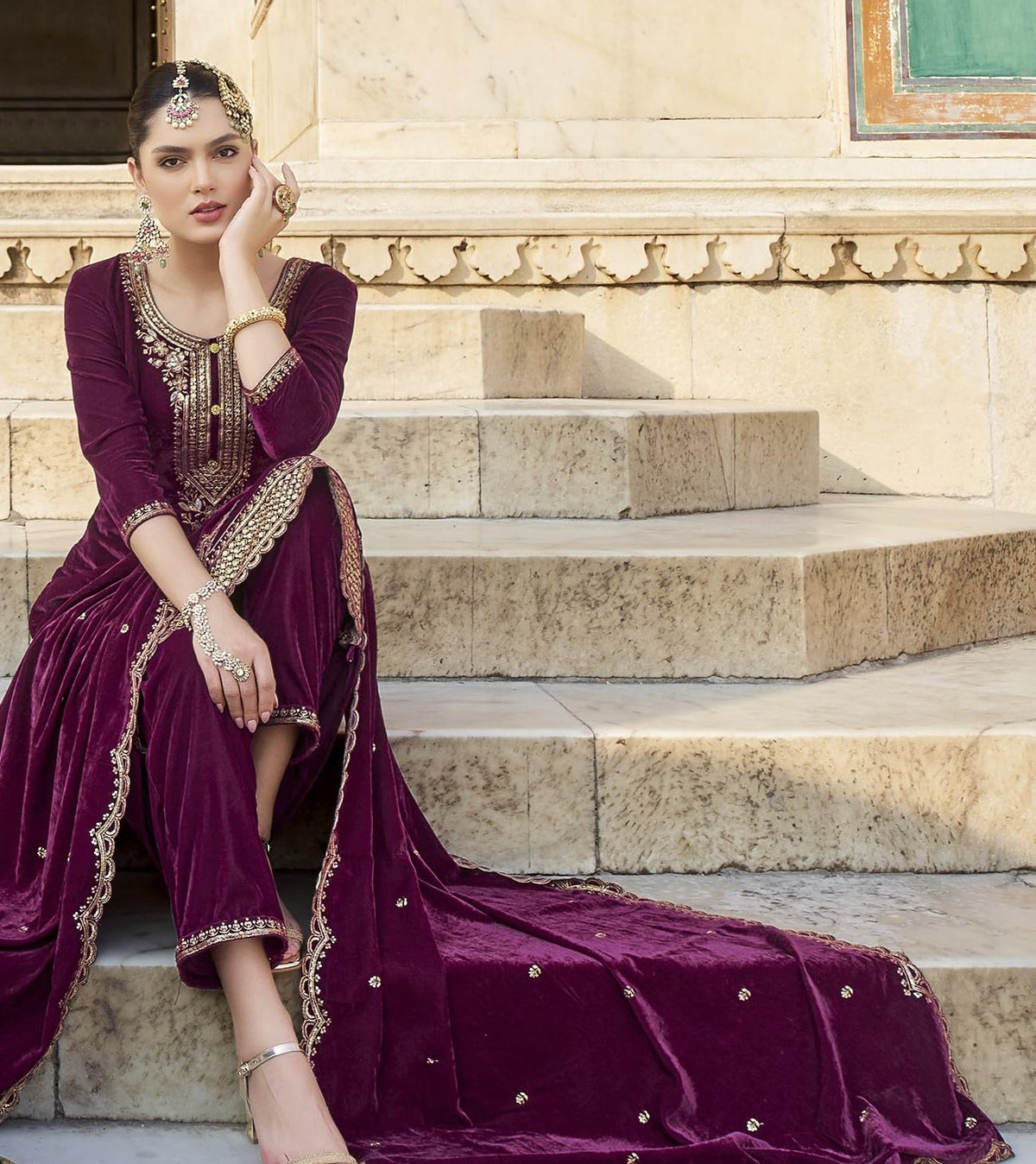 DRAVINAM Trends Women's Unstitched Premium Velvet Embroidered Salwar Suit Dress Material With Dupatta and Unstitch Bottoms