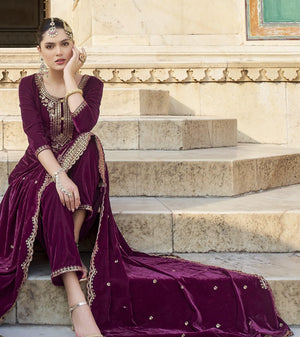 DRAVINAM Trends Women's Unstitched Premium Velvet Embroidered Salwar Suit Dress Material With Dupatta and Unstitch Bottoms