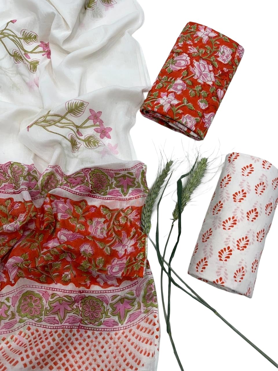 DRAVINAM Trends Premium Hand Block Floral Print Unstitched Pure Cotton Salwar Suit Set with Dupatta - Red & White