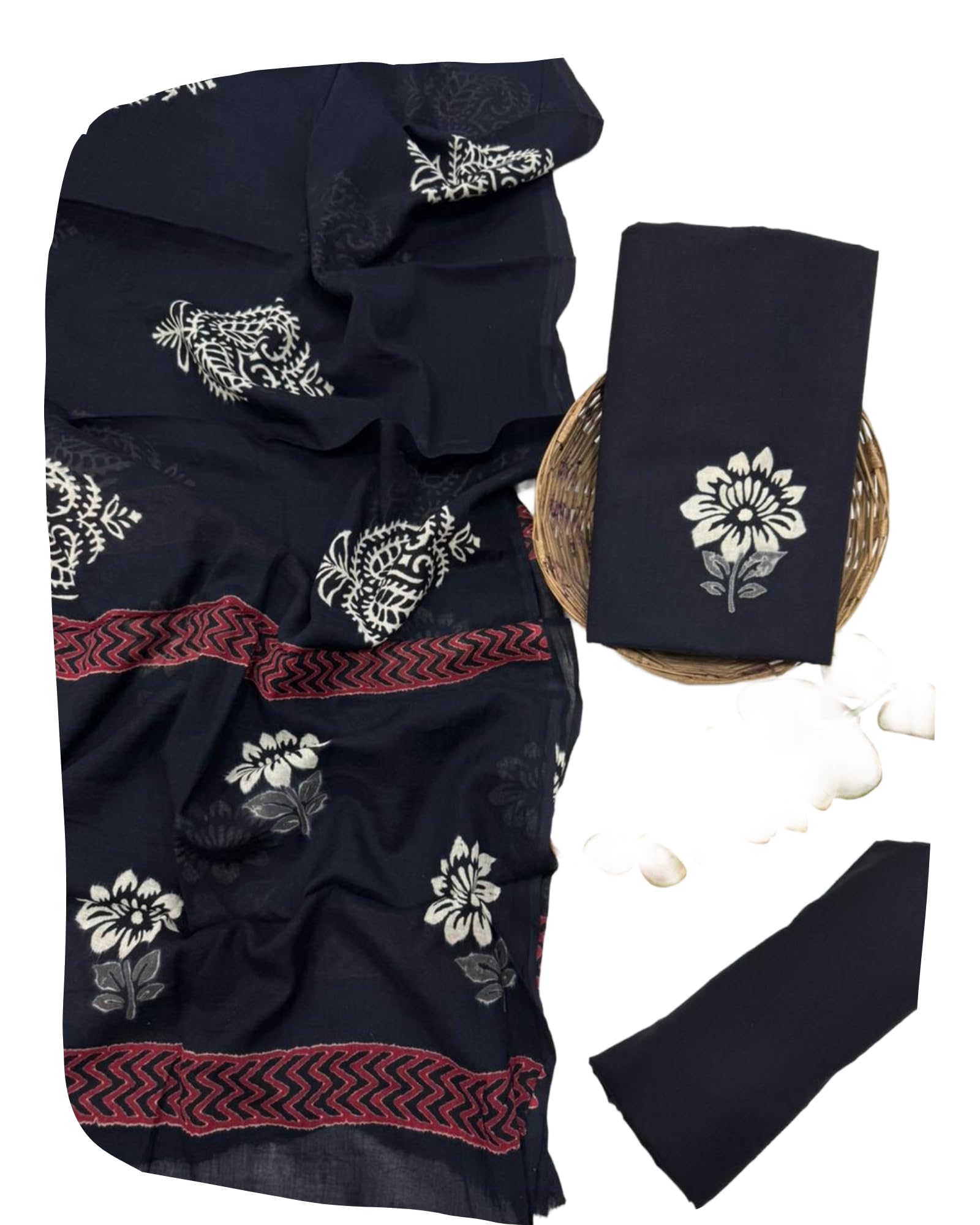 DRAVINAM Trends Hand Block Print Sanganeri Cambric Unstitched Cotton Suit Dress Material for Women with Mulmul Cotton Hand Printed Dupatta