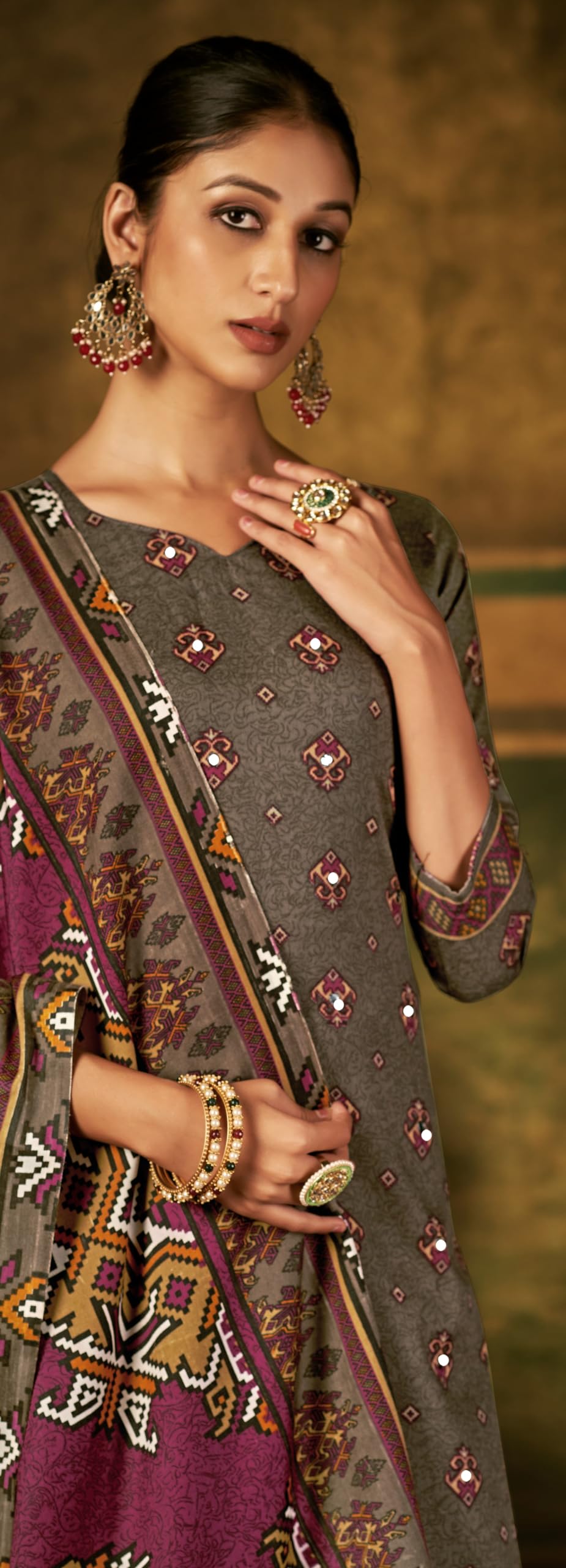 DRAVINAM Trends Women's Unstitched Kaani Print Mirror Work Spun Pashmina Winter wear Dress Material Fabric for Salwar Suit with printed spun pashmina Kashmiri shawl dupatta (Blue)