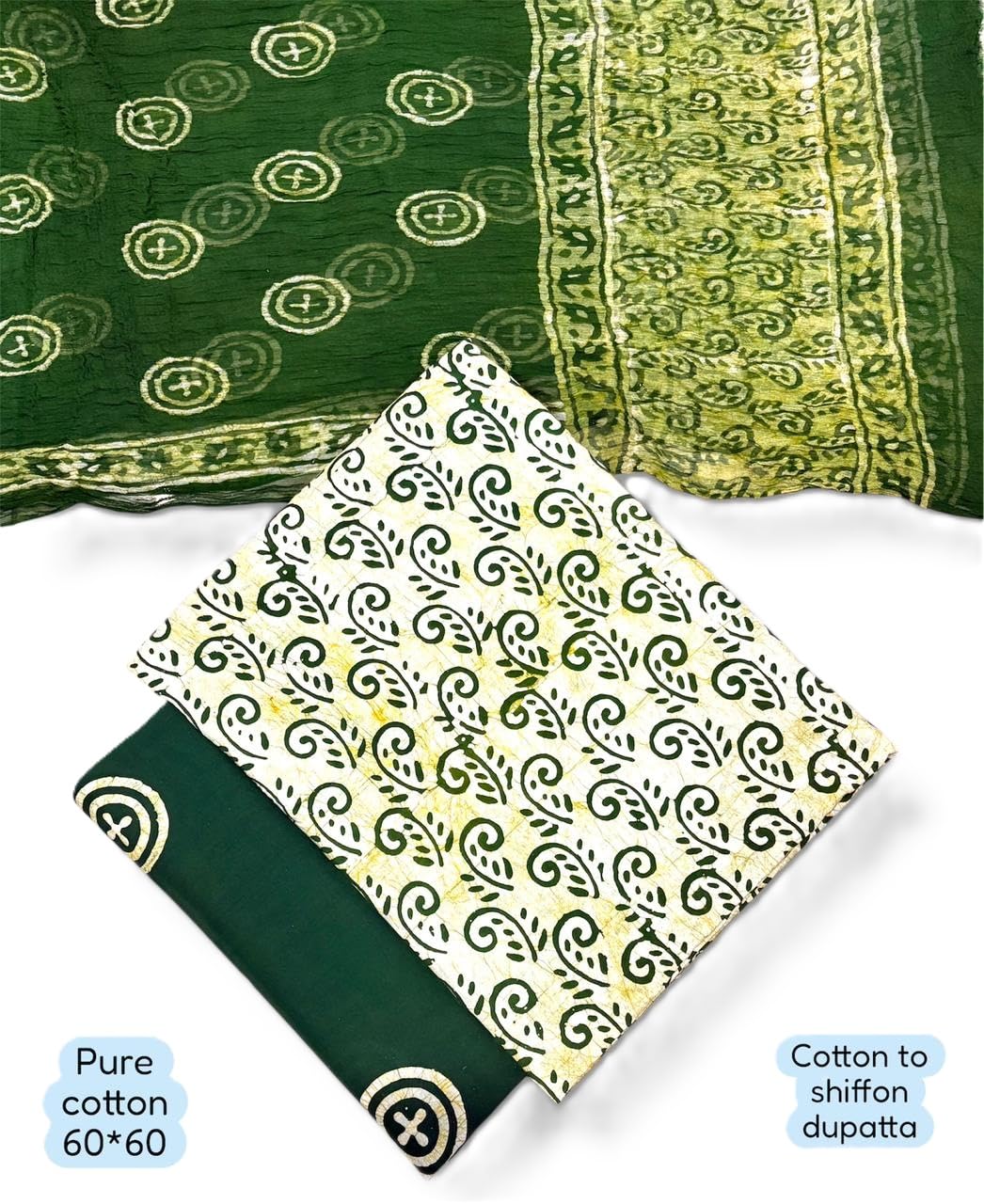 DRAVINAM Trends Unstitched Jaipuri Handmade Wax Batik Print Soft Cotton Dress Material with Chiffon Dupatta