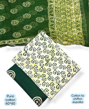DRAVINAM Trends Unstitched Jaipuri Handmade Wax Batik Print Soft Cotton Dress Material with Chiffon Dupatta