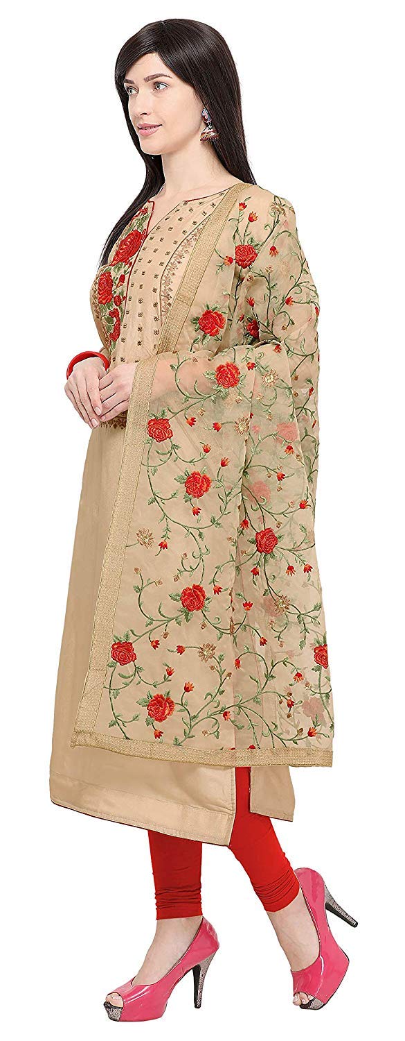 DRAVINAM Trends Women's Upada Silk Embroidered Dress Material with Embroidered heavy Organza Dupatta (Free size_Sand Grey)
