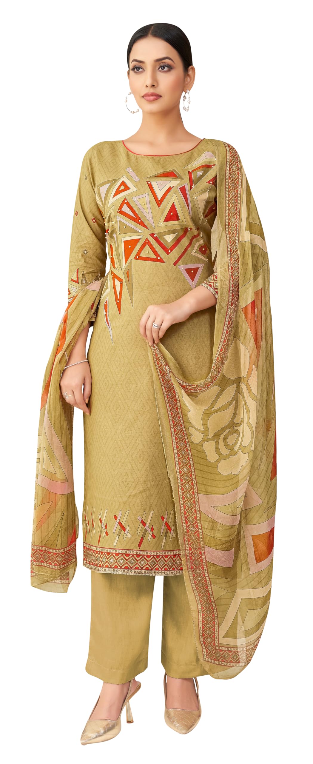 DRAVINAM Trends Kurti 2.50 mtrs,Pure Cotton Solid (2.7 m), Pure Cotton Mal Mal Print Dupatta (2.25 m)|Beige
