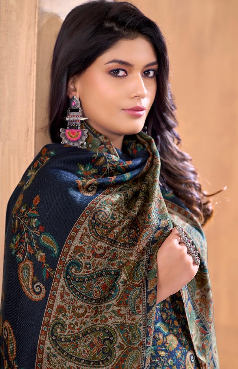 DRAVINAM Trends Women's Unstitched Winter Wear Kashmiri Kani Printed Swaroski Work Heavy Woolen Pashmina Salwar Suit Dress Material with Printed Shawl Dupatta