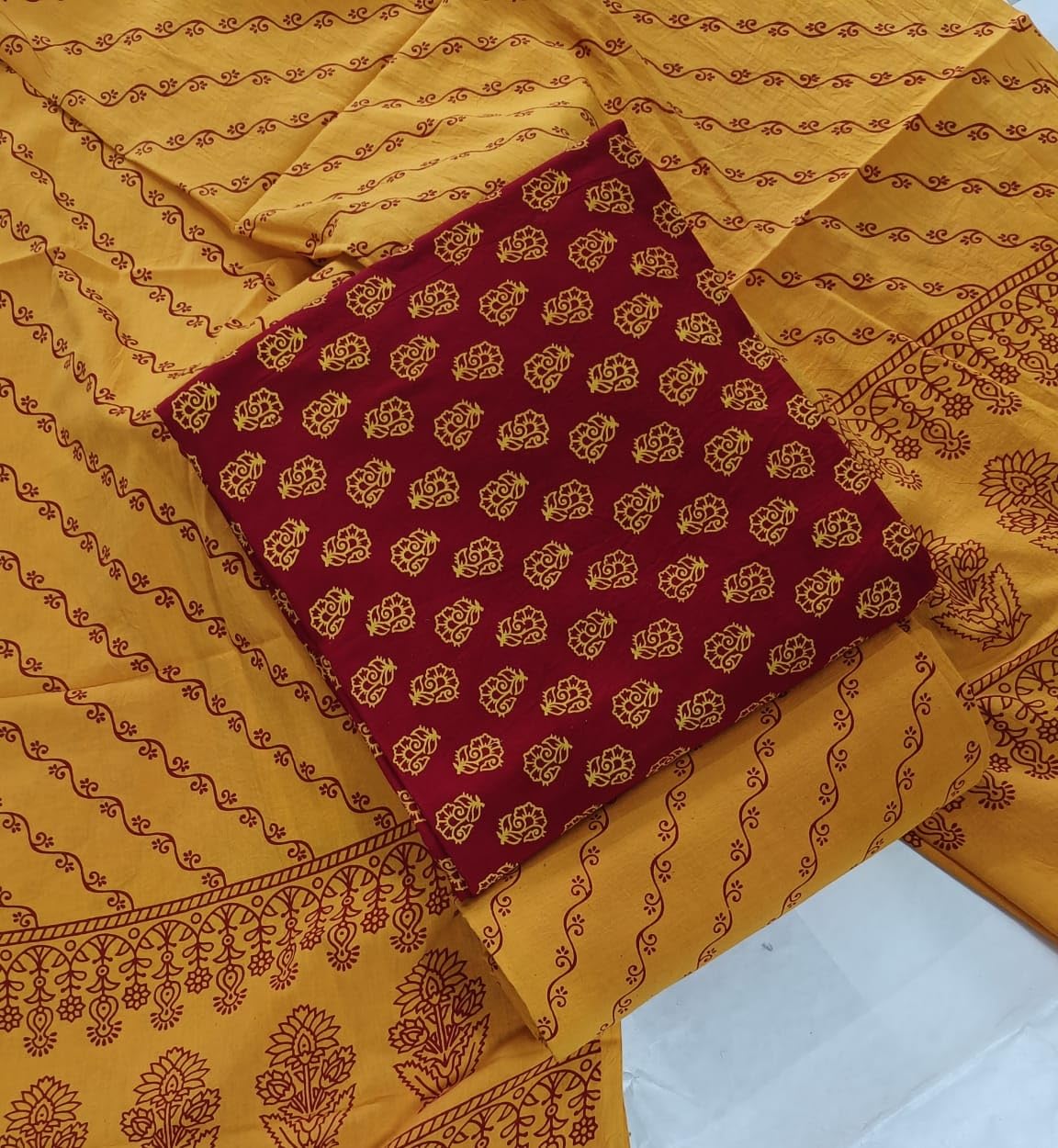 DRAVINAM Trends Women's Premium Cotton Unstitched Salwar Suit Dress Material Set | Traditional Rajasthani Gujari Block Print (Red & Mustard Yellow)
