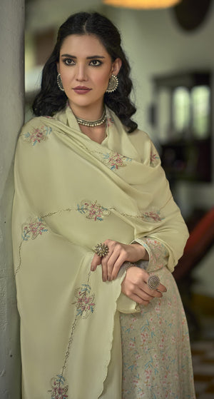 DRAVINAM Trends Women's Unstitched Fancy Embroidered Pure Jam Cotton Printed Salwar Suit Dress Material with Pure Viscose Masclin embrodered Dupatta (Pastel Mehandi Green)