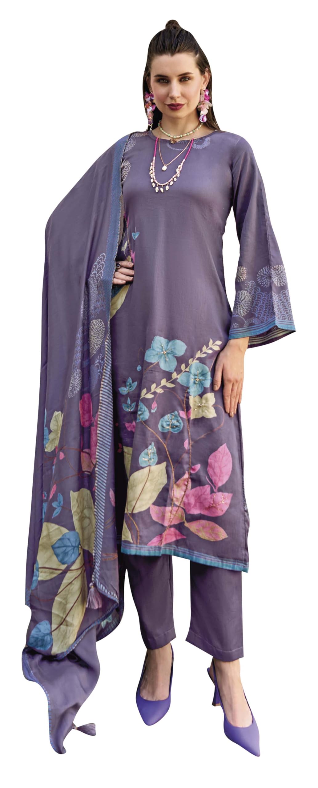 DRAVINAM Trends Women's Unstitched Salwar Suit Dress Material II Pure Jaam Silk Digital Print Hand Embroidered Kameez II Plain Unstitched Bottoms II Maslin Zari Bordered Dupatta
