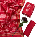 Women's Unstitched Three-piece Fabric Set Dress Material | Maheshwari Top & Dupatta with Zari Border, Shantoon Bottom | Rich Red Hand Batk Print Salwar Suit Piece