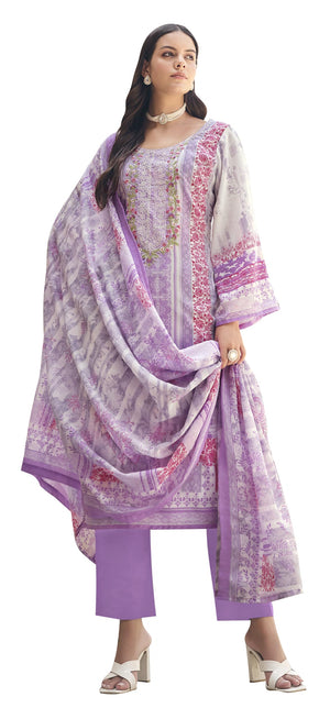DRAVINAM Trends Women's Cotton Printed Thread Embroidery Work Unstitched Salwar Suit Dress Material With Dupatta (Grey, Unstitched Suit)