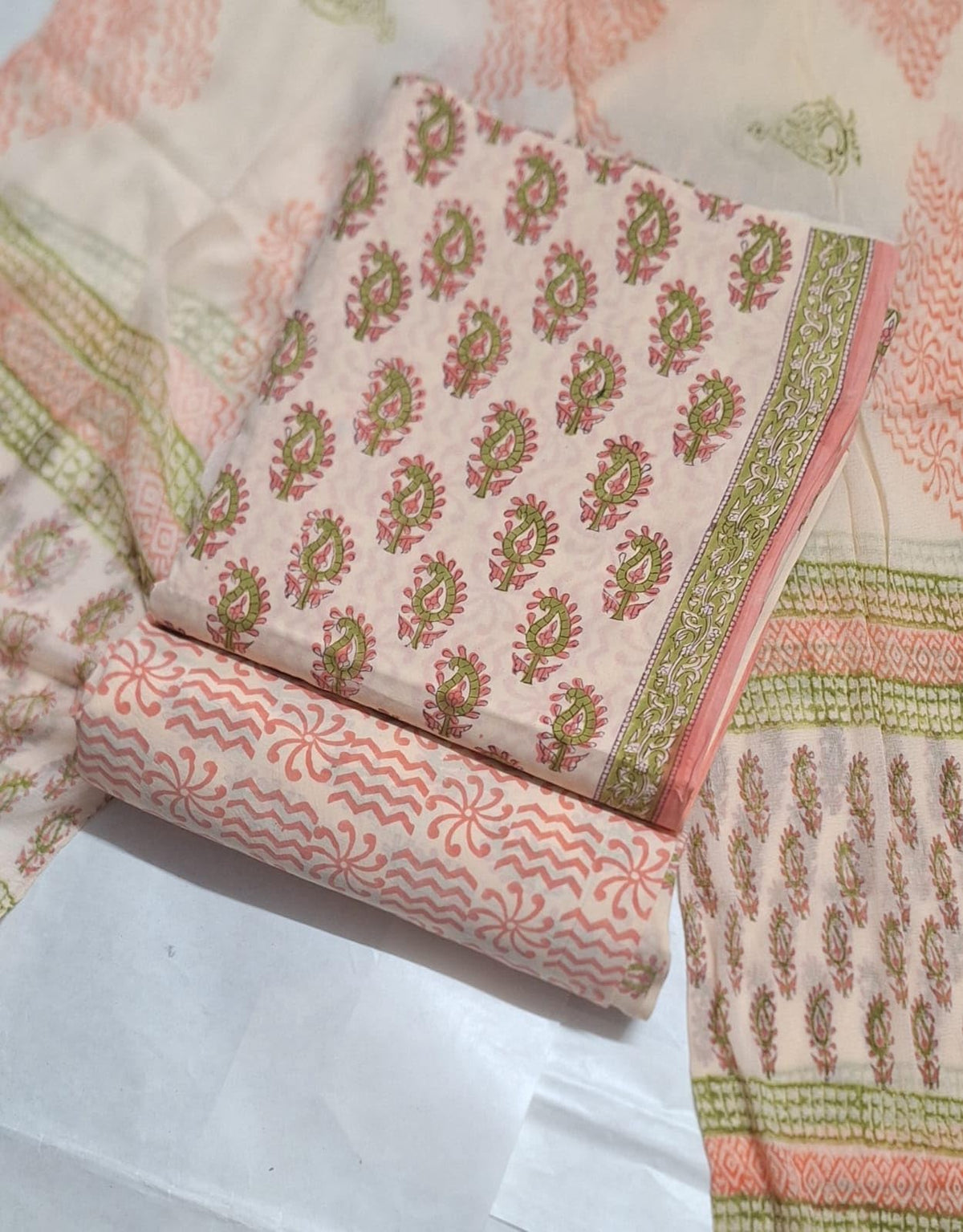 DRAVINAM Trends Hand Block Print Cambric Cotton Unstitched Salwar Suit Set for Women with Pure Chiffon Hand Printed Dupatta