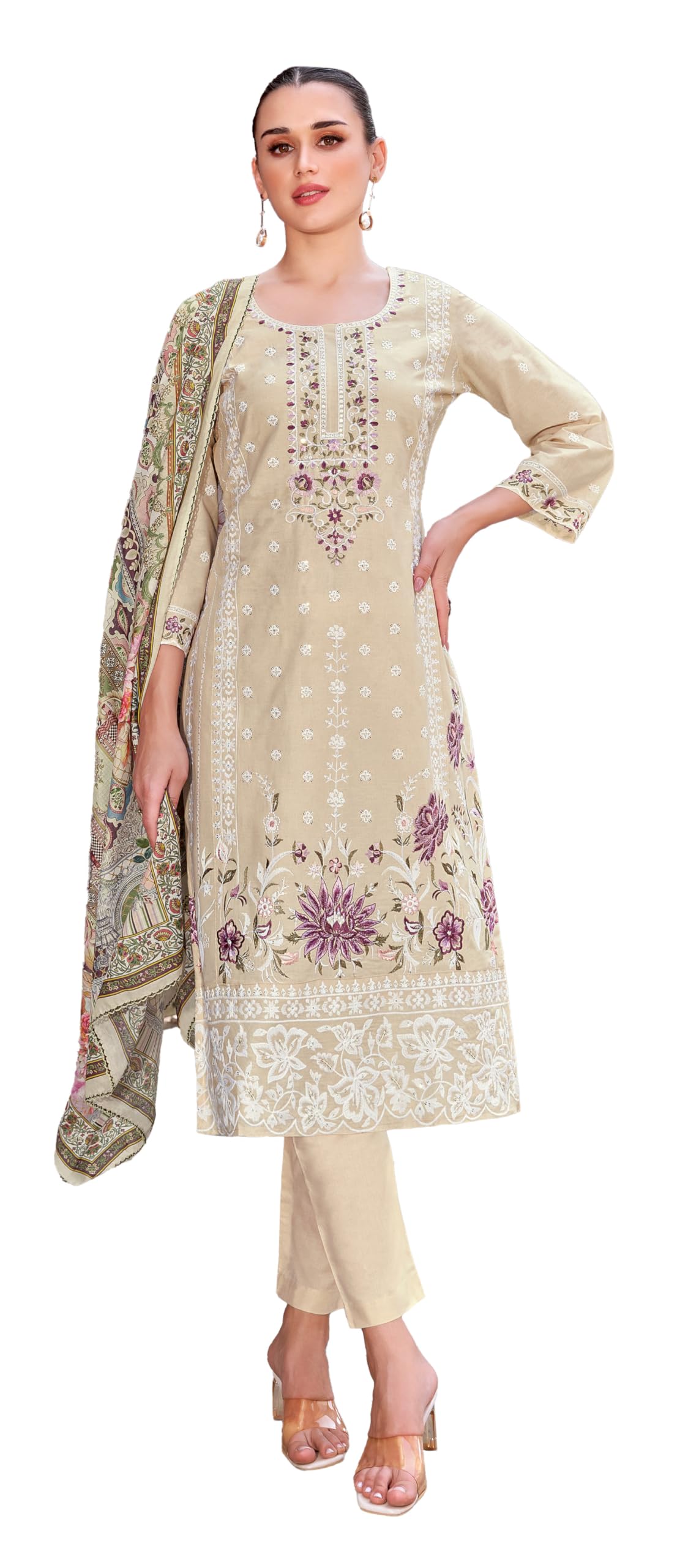 DRAVINAM Trends Women's Exquisite Unstitched Viscose Cambric Lawn Cotton Suit Dress Material with Embroidered Daman & Sleeves | Stylish Pure Cotton Digital Print Dupatta & Solid Bottoms