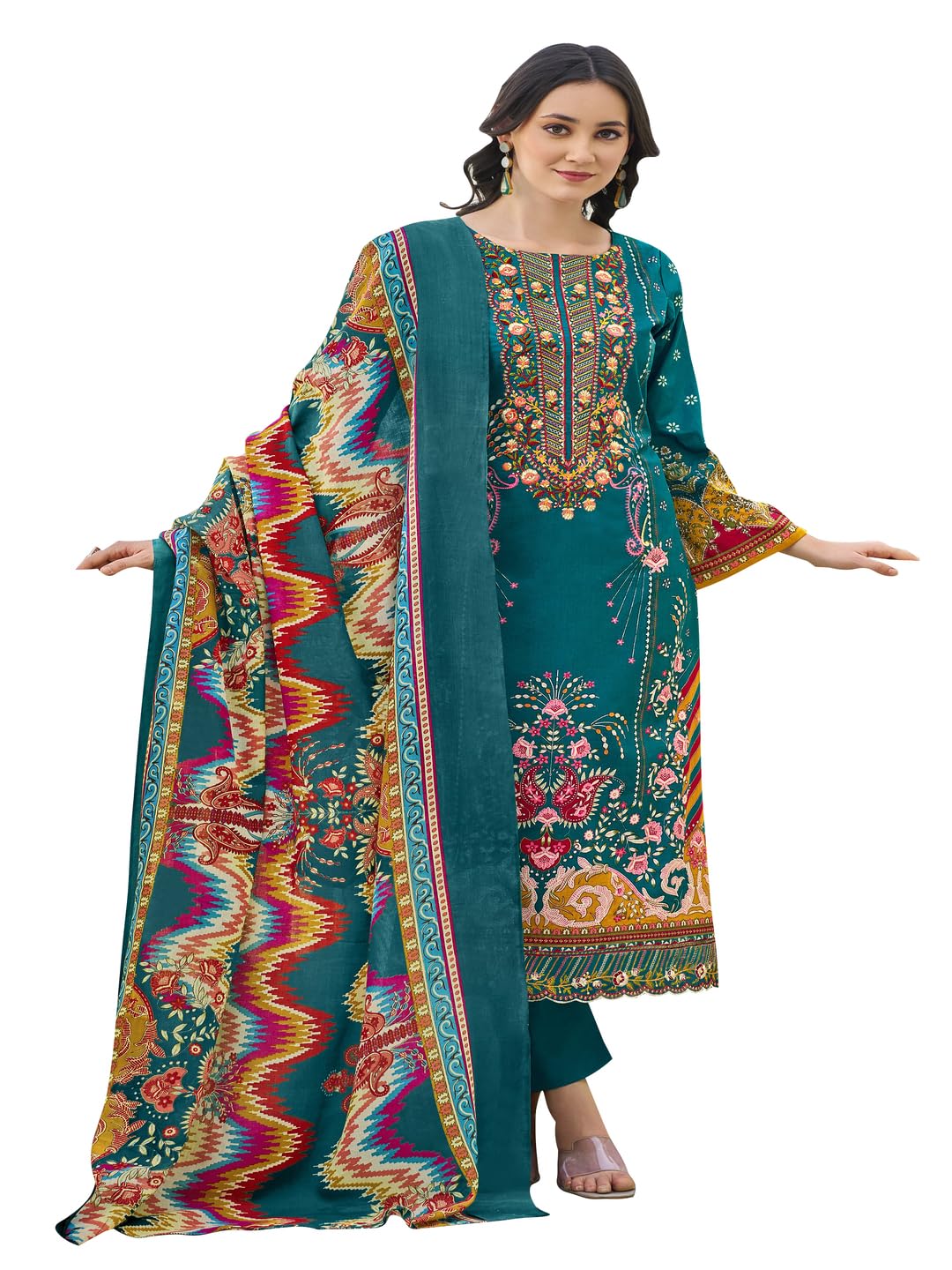 DRAVINAM Trends Women's Unstitched Salwar Suit Dress Material - Cotton Digital Printed Organza Embroidered Kameez II Solid Bottoms II Printed Dupatta