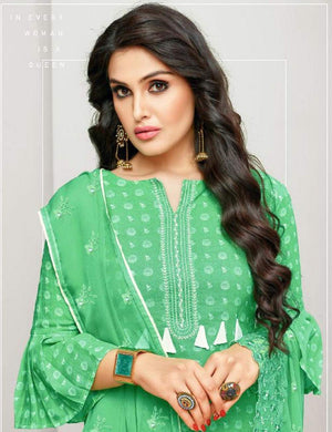 DRAVINAM Trends Women's Unstitched Cotton Printed Salwar Suit Dress Material with embroidered Nazmeen Dupatta (Free size_Light Orange)