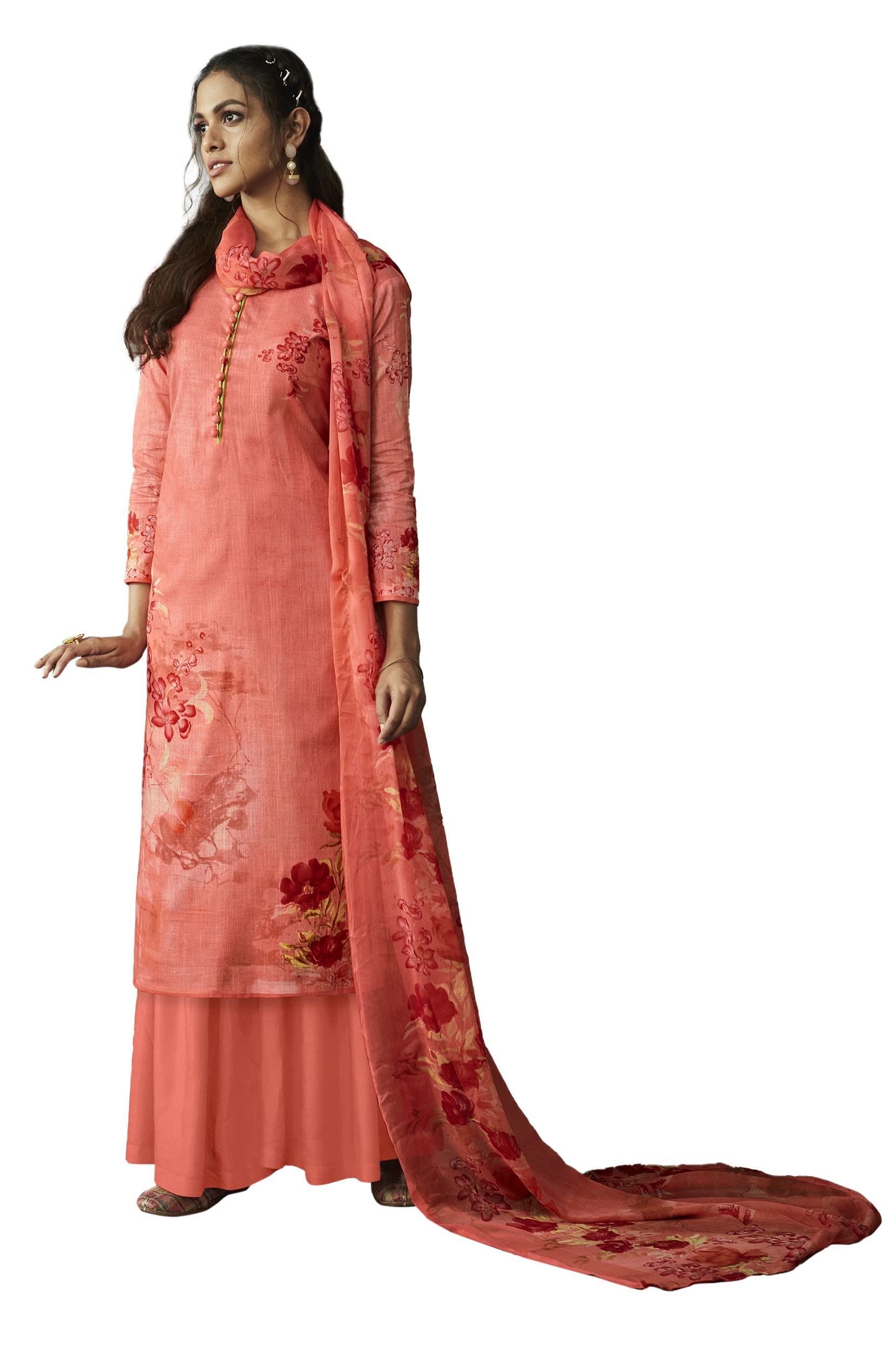 DRAVINAM Trends Women's Summer Wear Pure Linen Cotton Digital Printed Unstitched Salwar Suit Dress Material with Pure Nazneen Chiffon Printed Dupatta/Chunni (Peach)