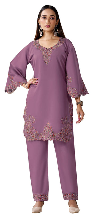 DRAVINAM Trends Women's Stitched Kashmiri Embroidered Pure Roman Silk Co-ord Set II Top II Pants (L / 40)