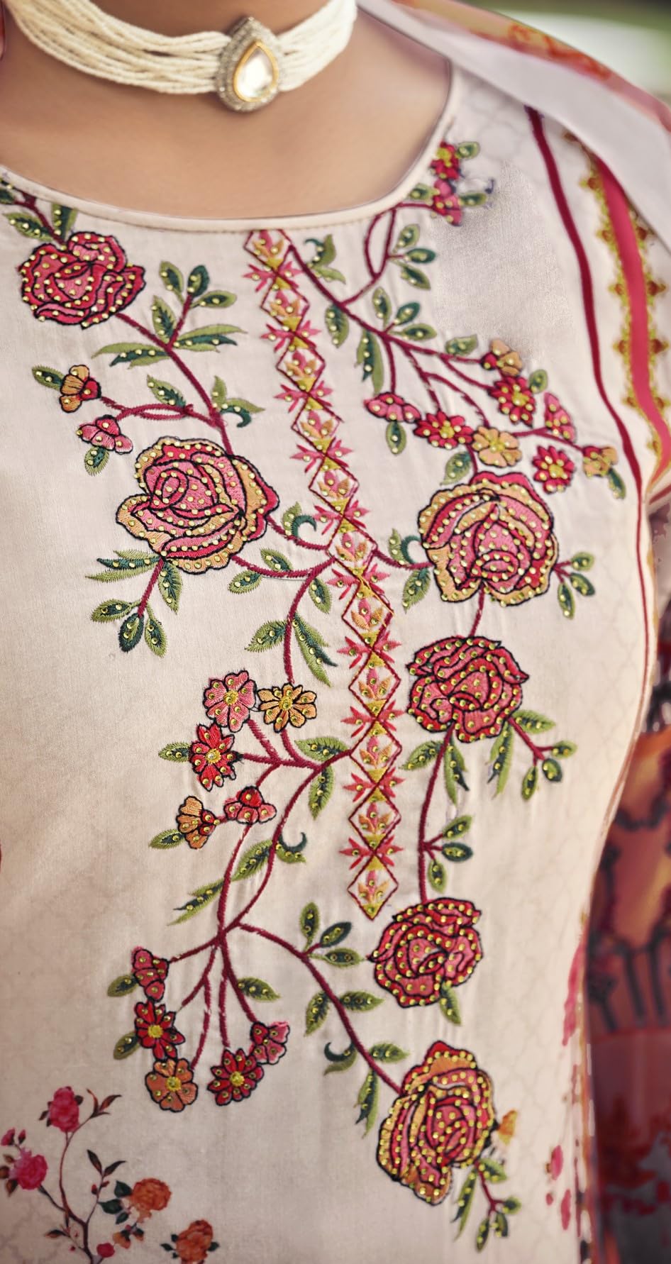 DRAVINAM Trends Unstitched Suit Material II Jam Cotton Pakistani Digital Printed Neck and Daman Embroidered Swaroski Work Kameez II Unstitched Bottoms II Cotton Maslin Dupatta