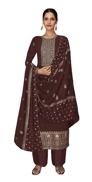 DRAVINAM Trends Women's Pure Georgette Zari Embroidered Pakistani Straight Kurta Dress Material with Embroidered Georgette Dupatta (Free Size_Wine)