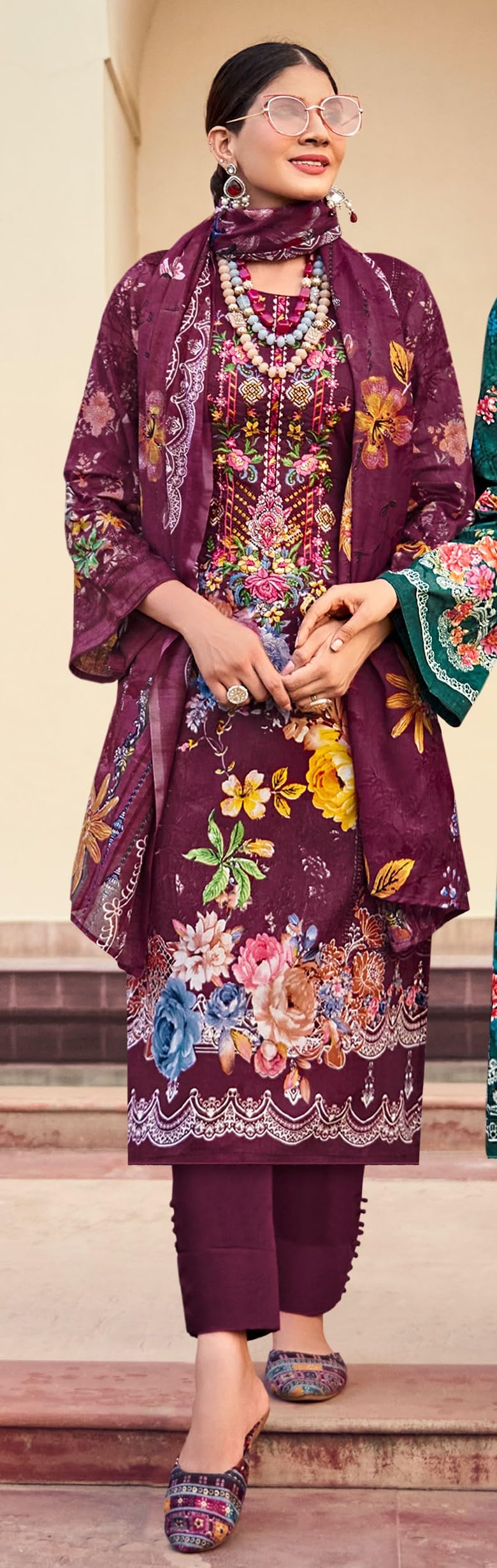 DRAVINAM Trends Lawn Cotton Pakistani Embroidered Suit Dress Material with Unstitched Bottoms and Cotton Dupatta