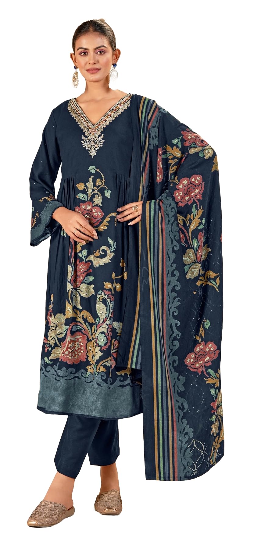 DRAVINAM Trends Women's Winter Wear Unstitched Digital Floral Printed Heavy Neck Embroidered Viscose Pashmina Woollen Salwar Suit Dress Material with Pashmina Digital Printed Brasso Shawl Dupatta