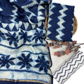 Women's Unstitched Dress Material | Chanderi Top & Dupatta with Zari Border, Shantoon Bottom | Indigo Blue Shibori Chevron Print Salwar Suit Piece