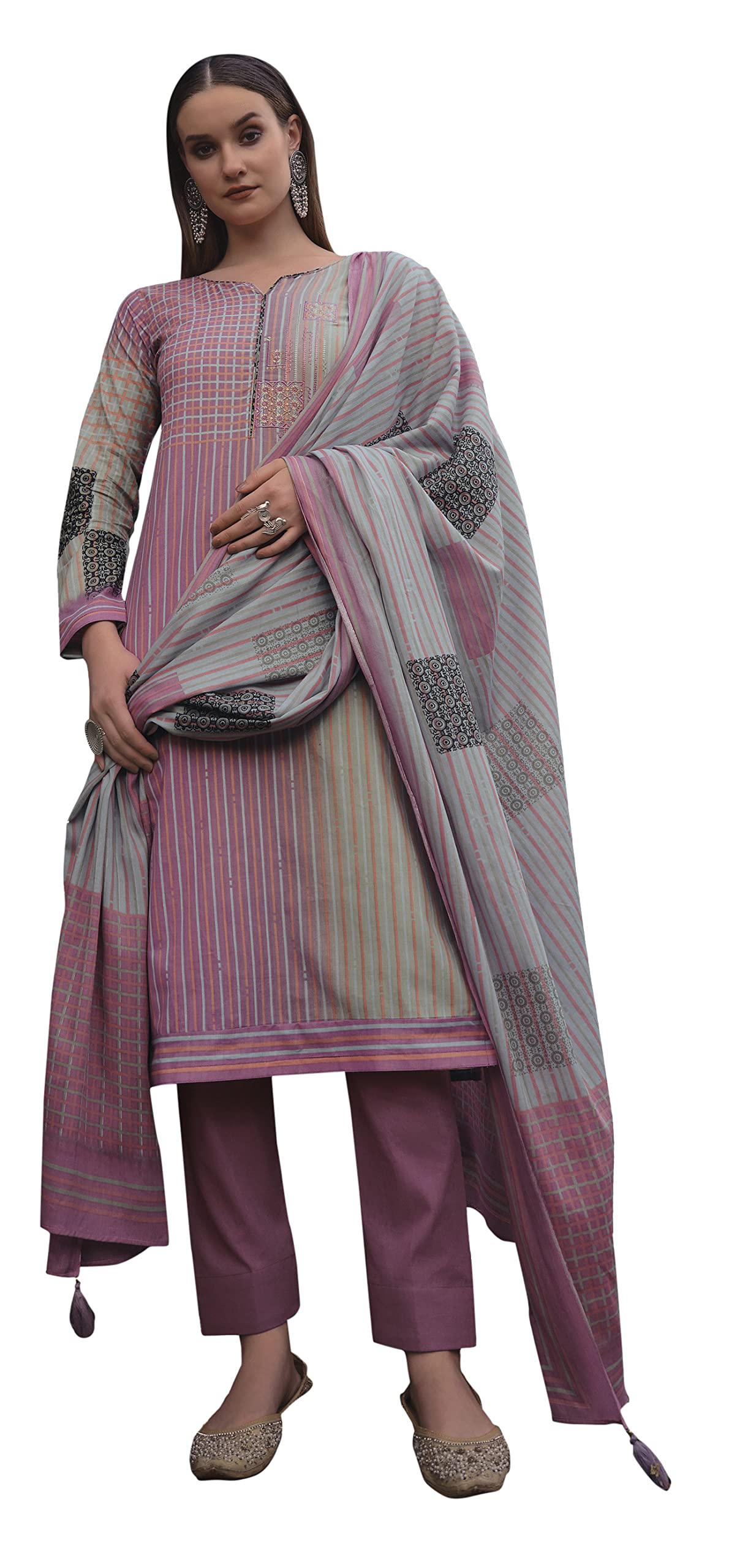 DRAVINAM Trends Women's Unstitched Embroidered Pure Cambric Cotton Salwar Suit Dress Material with Digital Printed Pure Mal Cotton Dupatta (Pink and Grey)