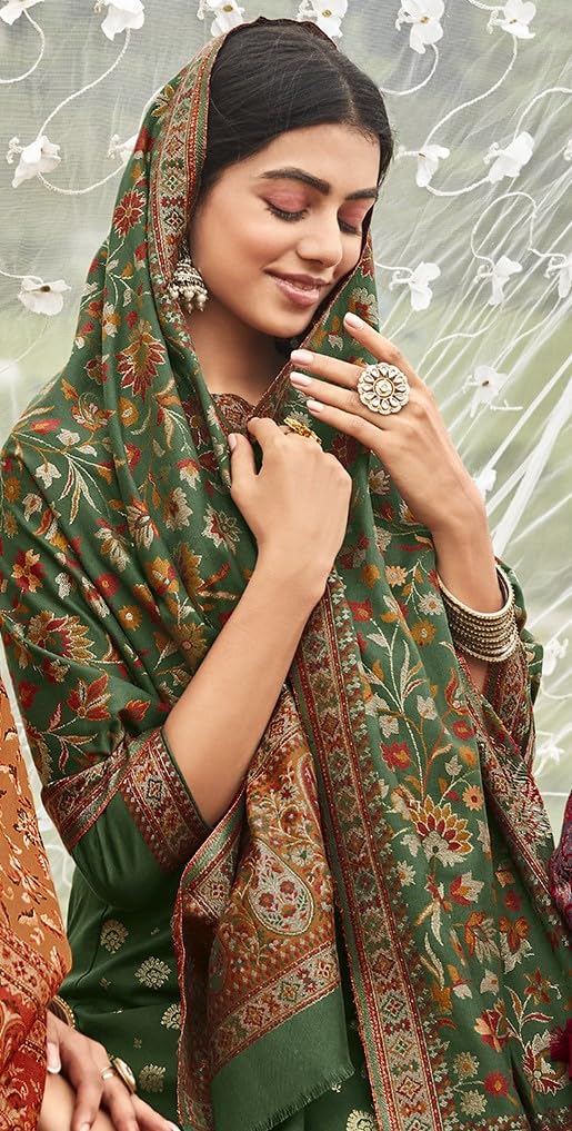 DRAVINAM Trends Women's Unstitched kanni Weaving Jacquard Woollen Pashmina Salwar Kameez Dress Material with Pure Wool Pashmina Kaani Weaving Shawl Dupatta (Free Size)