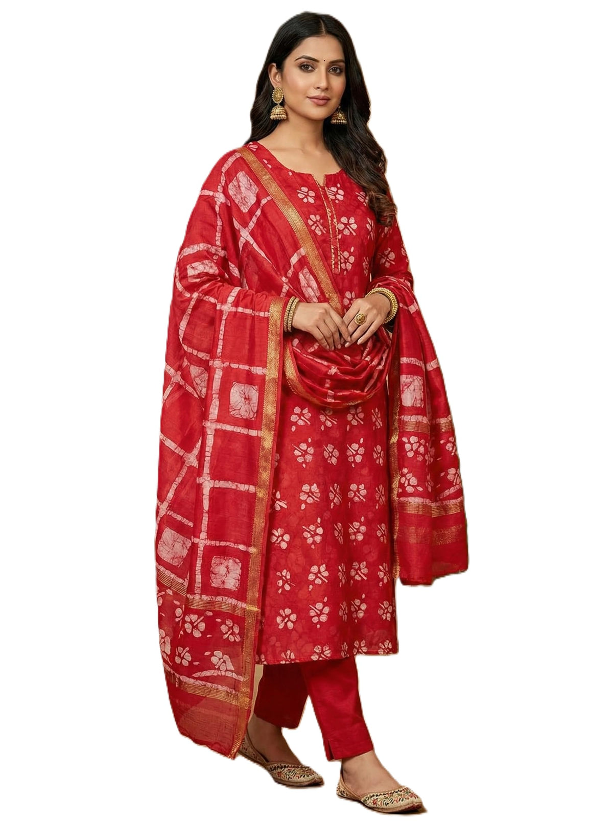 Women's Elegant Magenta Maheshwari Block Abstract Batik Printed Unstitched Salwar Suit Dress Material with Shantoon Bottom & Zari Border Dupatta