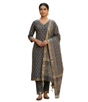 Women's Elegant Red Maheshwari Block Botanical Printed Unstitched Salwar Suit Dress Material with cotton Bottom & Zari Border Dupatta