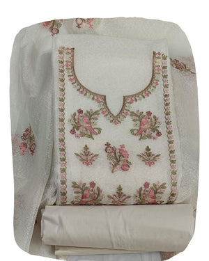 DRAVINAM Trends Women's Kota Doriya Embroidered Unstitched Salwar Suit Dress Material with Inner Lining & Kota Doriya Dupatta - Off-White/Pearl