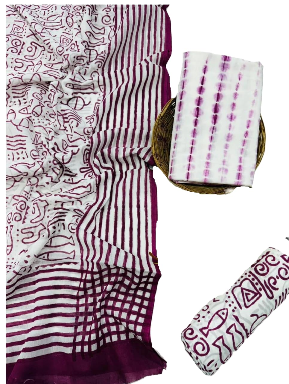 DRAVINAM Trends Hand Block Print Sanganeri Cambric Unstitched Cotton Suit Dress Material for Women with Mulmul Cotton Hand Printed Dupatta