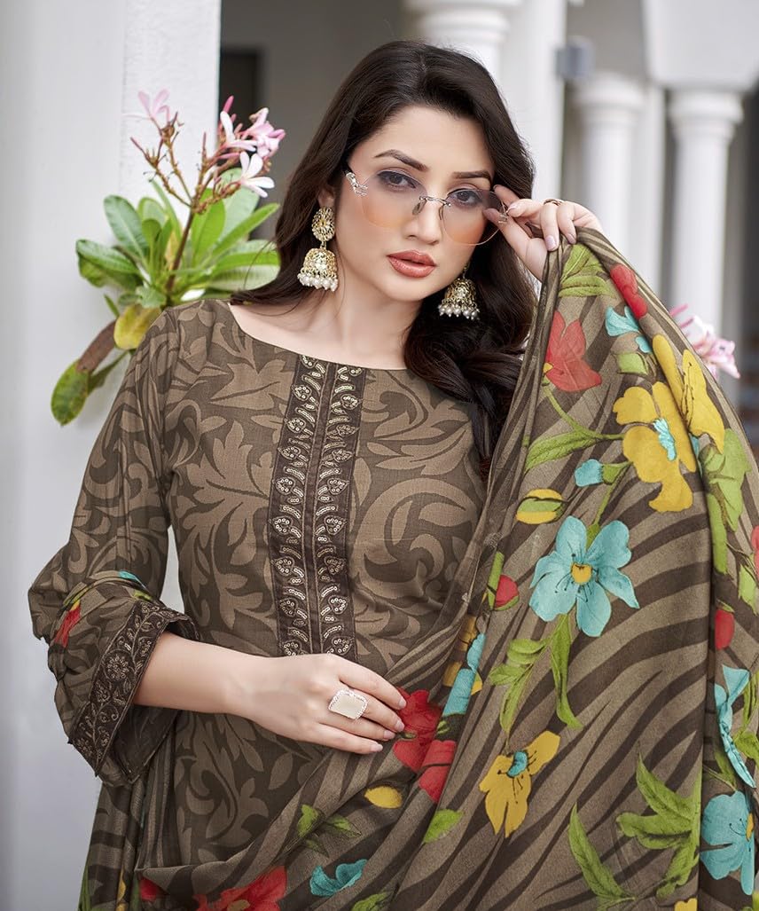 DRAVINAM Trends Kurti 2.50 mtrs,Pure Cotton Solid (2.7 m), Pure Cotton Mal Mal Print Dupatta (2.25 m)|Brown