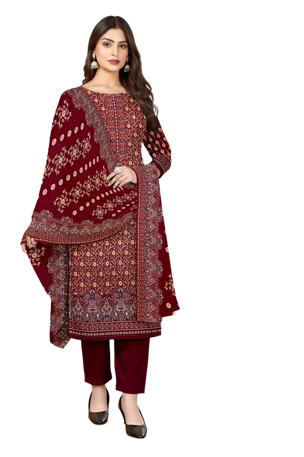 DRAVINAM Trends Women's Unstitched Winter Wear Kashmiri Kani Printed Heavy Woolen Pashmina Salwar Suit Dress Material with Printed Shawl Dupatta