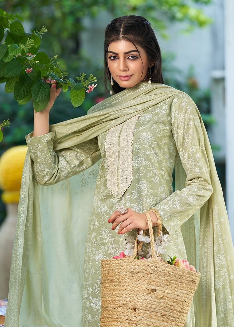 DRAVINAM Trends Cambric Cotton Embroidered Ladies Suit Dress Material with Unstitched Bottoms and Cotton Dupatta