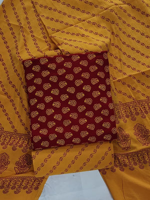 DRAVINAM Trends Women's Premium Cotton Unstitched Salwar Suit Dress Material Set | Traditional Rajasthani Gujari Block Print (Red & Mustard Yellow)