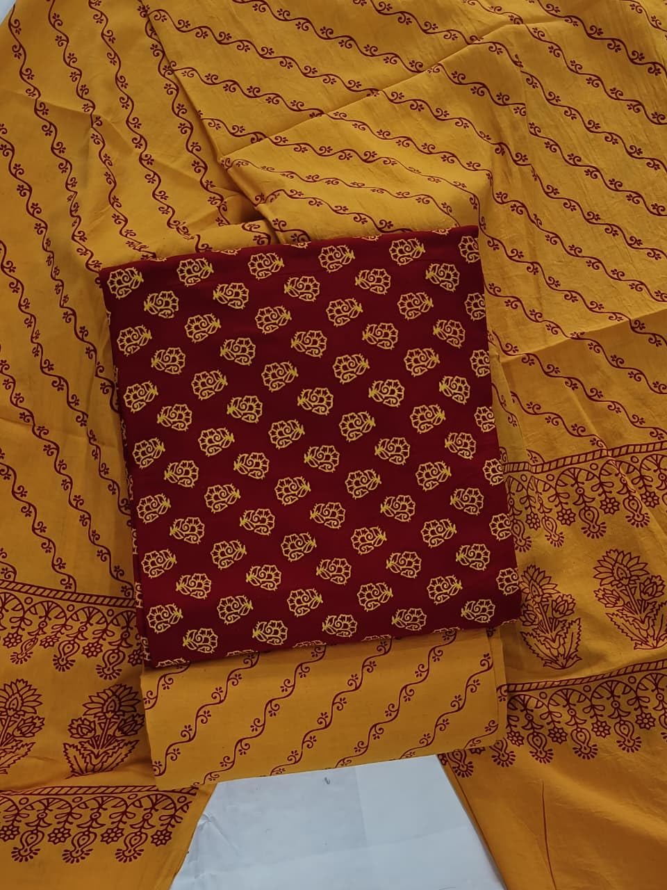 DRAVINAM Trends Women's Premium Cotton Unstitched Salwar Suit Dress Material Set | Traditional Rajasthani Gujari Block Print (Red & Mustard Yellow)