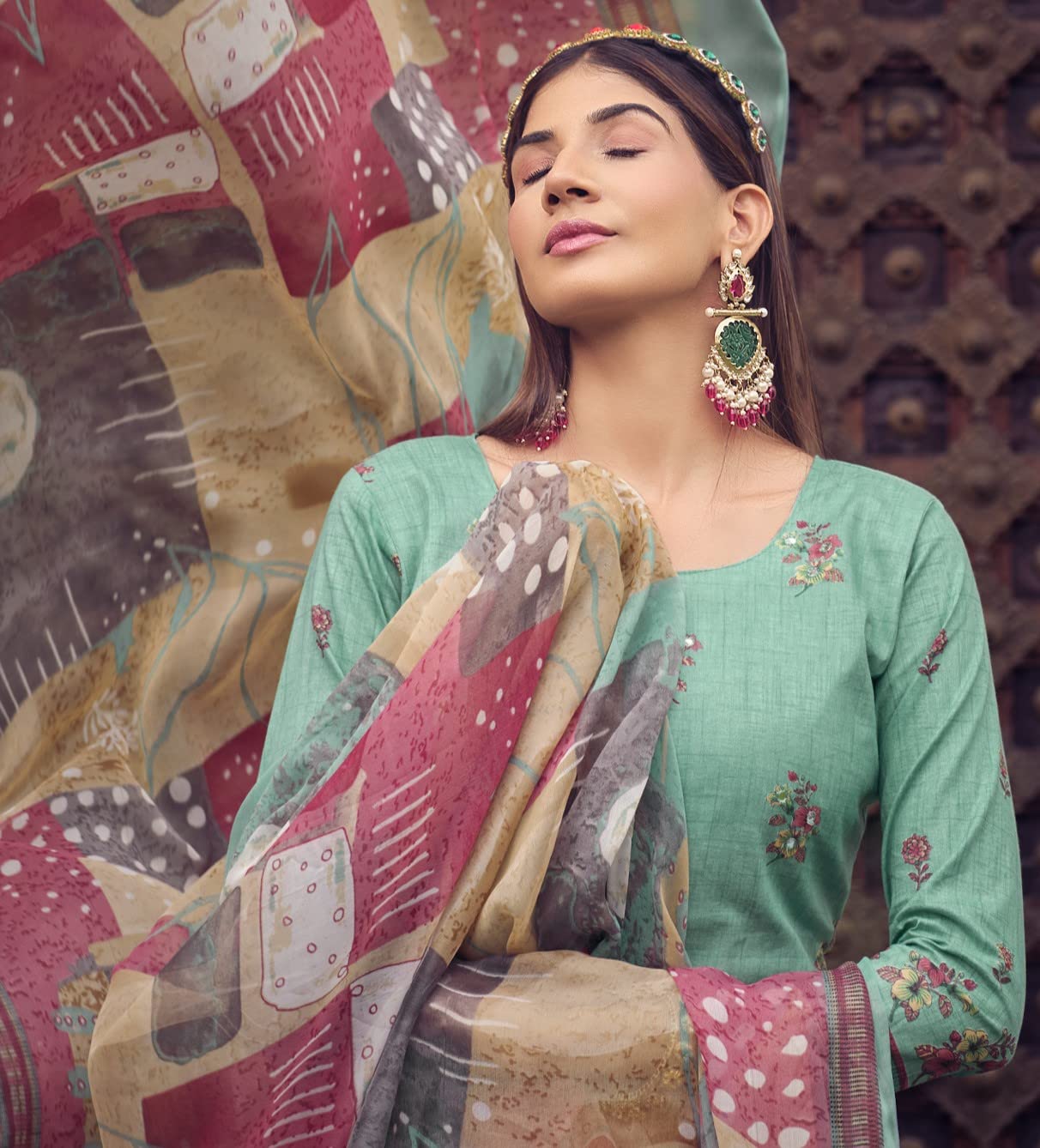 DRAVINAM Trends Unstitched Printed Mirror Work Cotton Salwar Suits Dress Material with Chiffon Dupatta (Green)