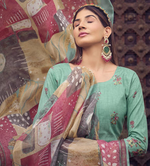 DRAVINAM Trends Unstitched Printed Mirror Work Cotton Salwar Suits Dress Material with Chiffon Dupatta (Green)