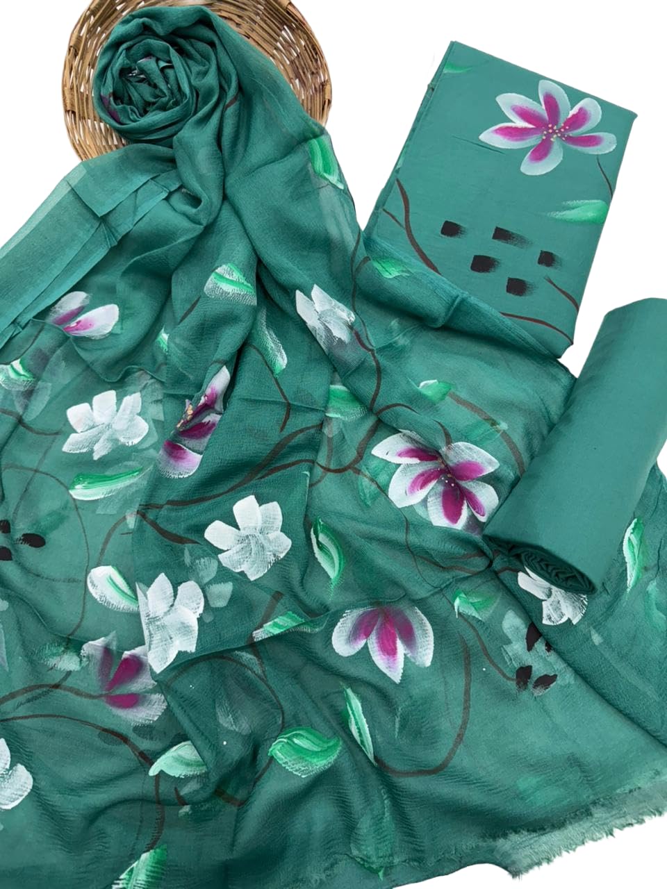 DRAVINAM Trends Women's White Unstitched Dress Material | Hand-Painted Yellow Rose Floral Print Suit with Sheer Chiffon Dupatta