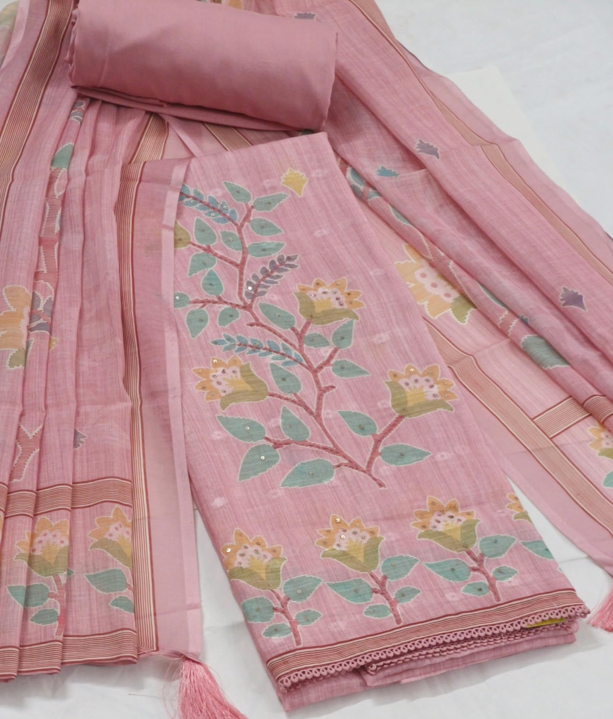 Elegant Women's Linen Floral Unstitched Dress Material Suit Set | Malai Cotton Bottom & Linen Dupatta with Tassels (Yellow)