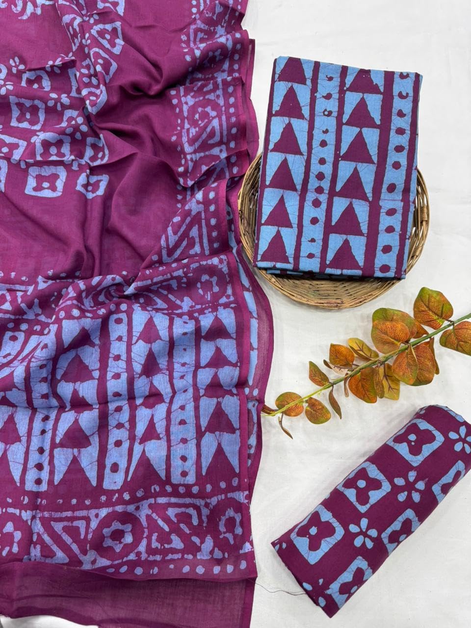 DRAVINAM Trends Hand Block Print Sanganeri Cambric Unstitched Cotton Suit Dress Material for Women with Mulmul Cotton Hand Printed Dupatta