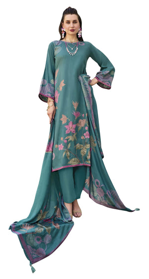DRAVINAM Trends Women's Unstitched Salwar Suit Dress Material II Pure Jaam Silk Digital Print Hand Embroidered Kameez II Plain Unstitched Bottoms II Maslin Zari Bordered Dupatta