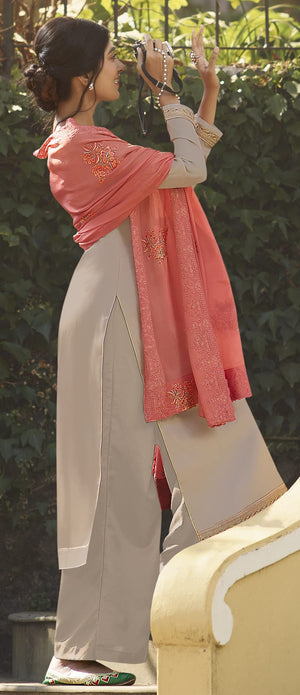 DRAVINAM Trends Women's Pure Tassar Silk Embroidered Palazzo Suit Pakistani Dress Material with Chinon Chiffon Heavy Embroidered and Cutwork Dupatta (Beige Grey and Peach)
