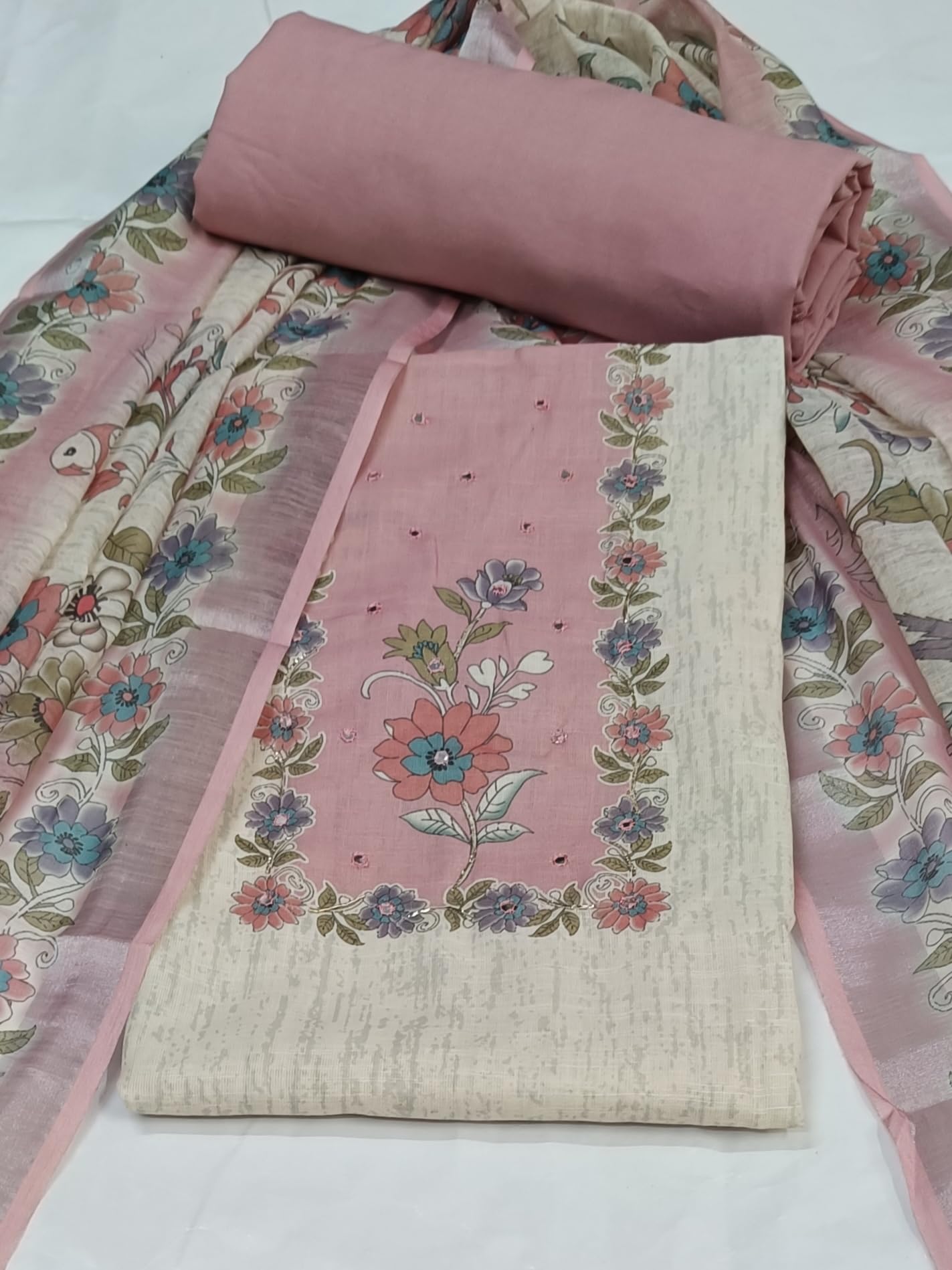 DRAVINAM Trends Women's Premium Pure Linen Floral Printed Unstitched Salwar Suit Dress Material with Dupatta