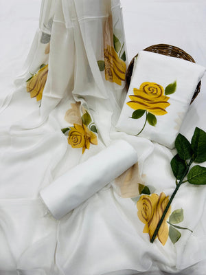 DRAVINAM Trends Women's White Unstitched Dress Material | Hand-Painted Yellow Rose Floral Print Suit with Sheer Chiffon Dupatta