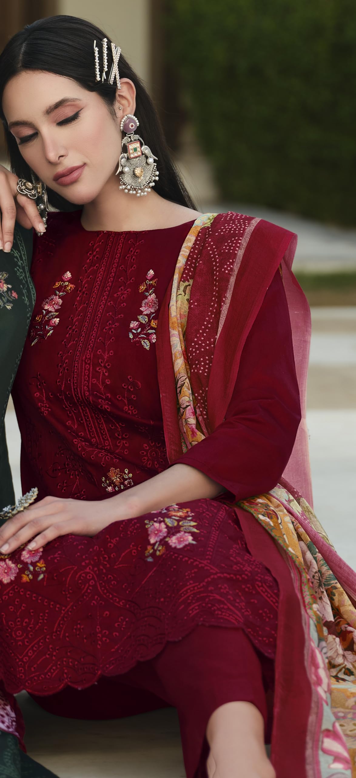 DRAVINAM Trends Women's Unstitched Jam Cotton Embroidered Suit Material - Jam Cotton Heavy Embroidered Cutwork Shirt II Rayon Bottoms II Cotton Printed Dupatta