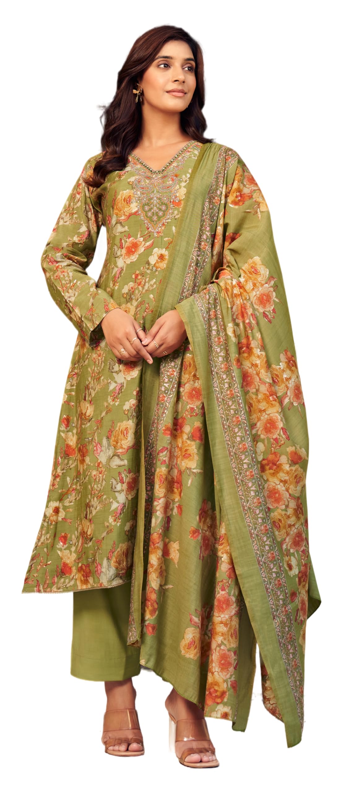 DRAVINAM Trends Women's Unstitched Salwar Suit Dress Material Modal Silk Discharge Foil Print Cording Embroidered Kameez Plain Unstitched Bottoms and Modal Silk Discharge Foil Print Dupatta