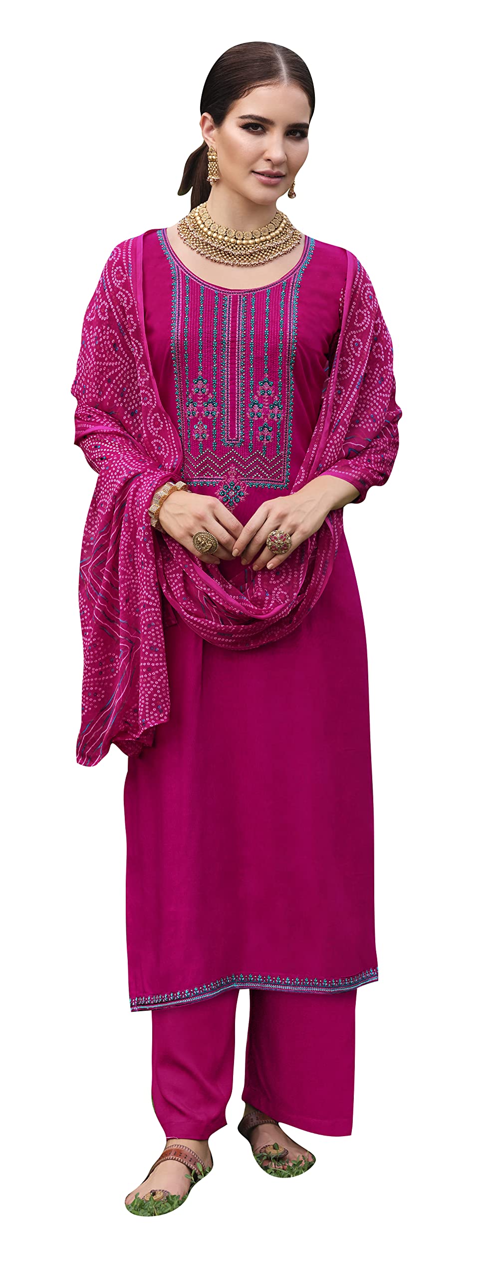 DRAVINAM Trends Unstitched Printed Embroidered Rayon Salwar Suits Set with Chiffon Dupatta (Green)
