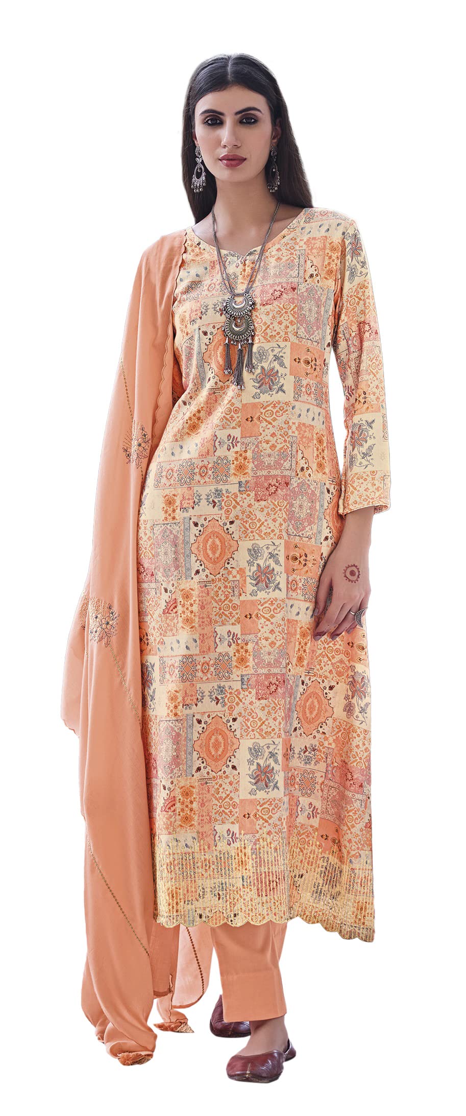 DRAVINAM Trends Women's Winter wear Hand Embroidered Digital Print woollen Pure pashmina Unstitched Salwar Kameez Dress material with Pashmina Embroidered Shawl Dupatta (Orange)